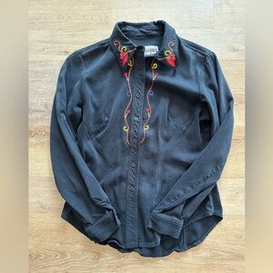 Black Button-Up Shirt with Colorful Embroidery